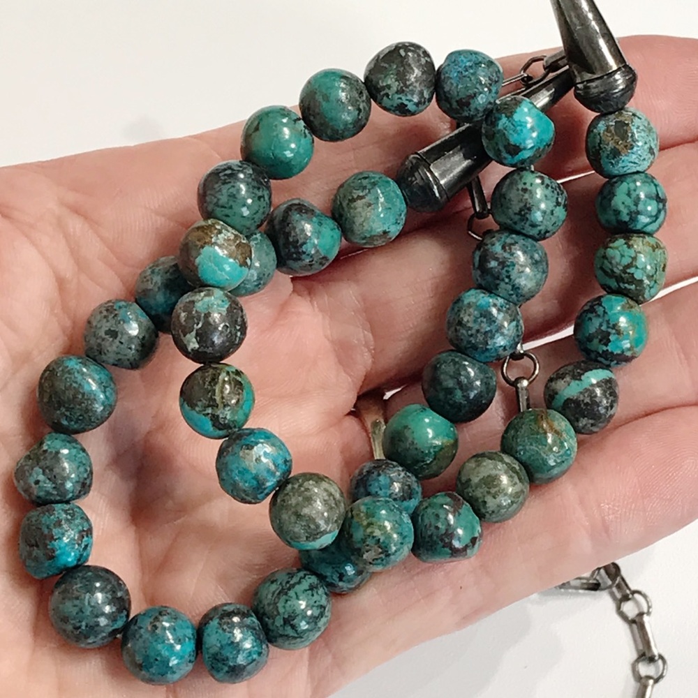 Vintage Native American Sterling Silver 9mm Turquoise Cone Beaded Necklace 24" - Picture 8 of 16
